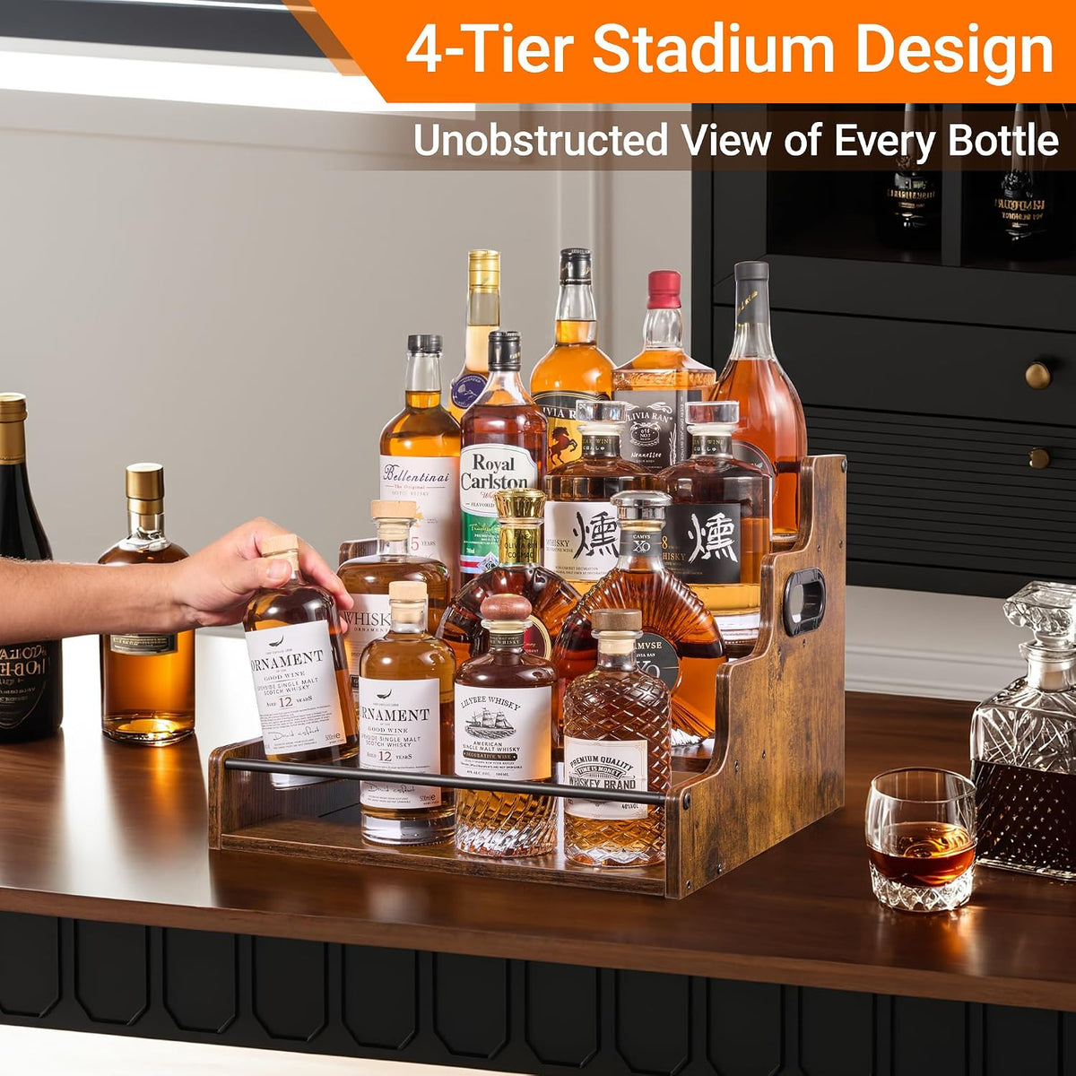 YQBRAO 4-Tier Liquor Bottle Display Shelf – Rustic Brown - Field & Nook