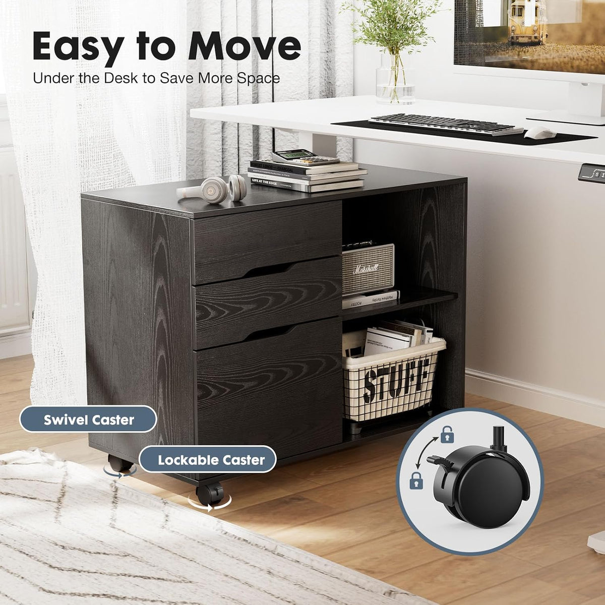 DUMOS File Cabinet with 3 Drawers, Wood Under Desk Storage Printer Stand | Rolling Lateral Filing Cabinet with Adjustable Shelves for Home Office Study Organization,Black - Field & Nook