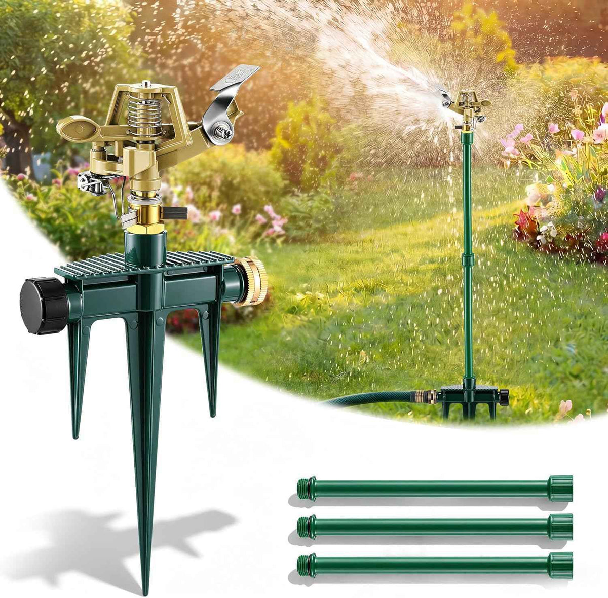 Heavy Duty Impact Sprinkler for Yard Large Area, 360° Brass Pulsating Sprinkler, Includes 3 Stackable Extension Risers, Long Range Lawn & Garden Water Sprinklers(Metal Spike Base)
