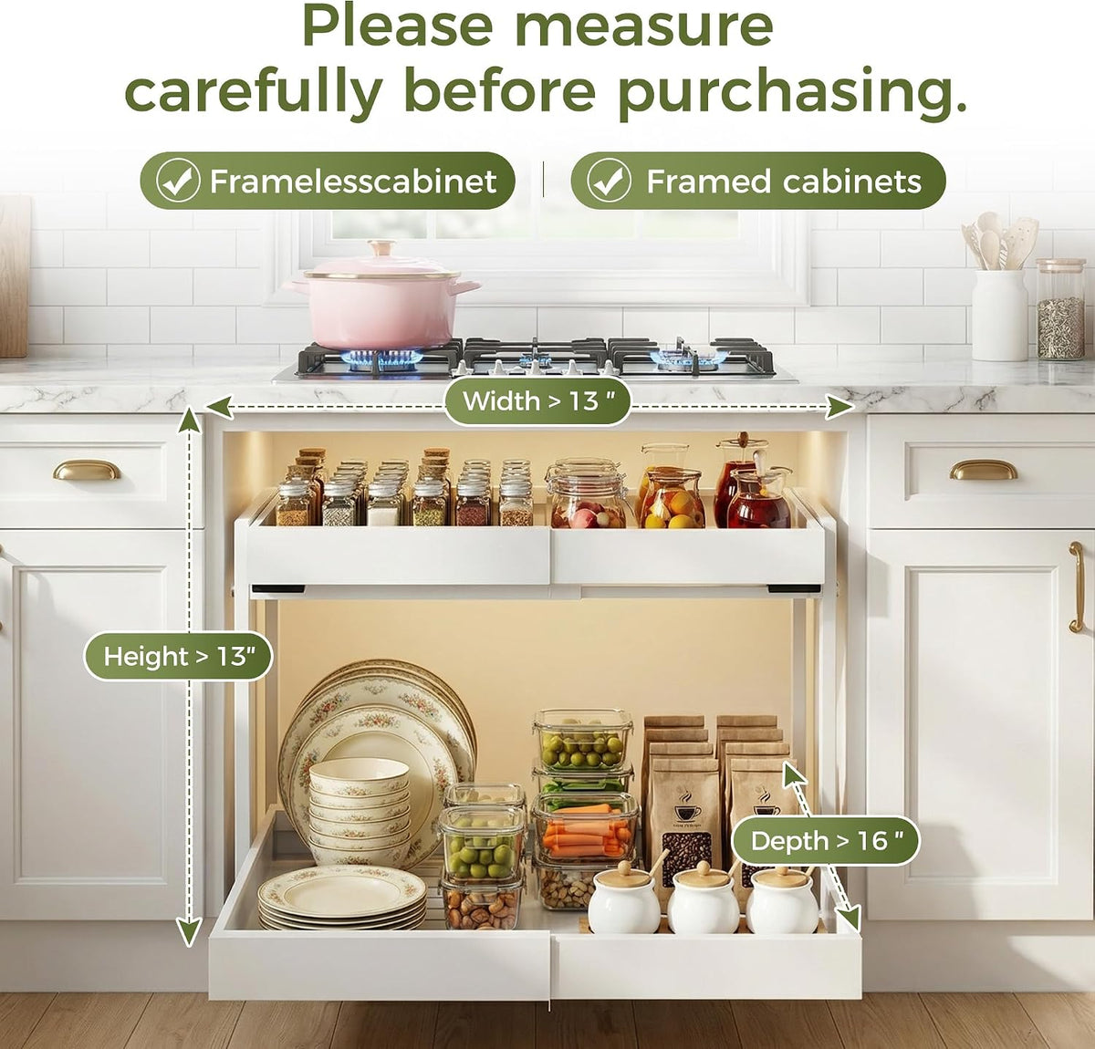 Abalter Expandable Pull Out Cabinet Organizer, 2-Tier Slide Out Drawer for Kitchen Cabinets, Adjustable Width 12–18.5", Slide Out Shelves for Kitchen, Bathroom, Pantry, Heavy Duty Caddy(White) - Field & Nook