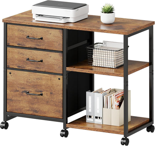 3 Drawer File Cabinet with Wheels with Open Storage Shelf | Rustic Brown2, Rolling Printer Stand Fabric Lateral Filing Cabinet for Home Office - Field & Nook