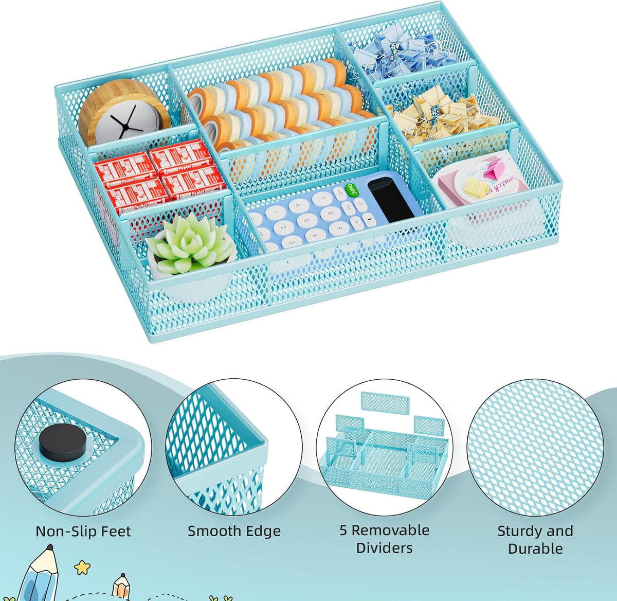 Marbrasse 2 Pack Desk Drawer Organizer, Mesh Drawer Organizer Tray with 8 Adjustable Compartments, Desk Organizers and Accessories, 5 Dividers Drawer for Office Supplies, Makeup & Vanity (Blue) - Field & Nook