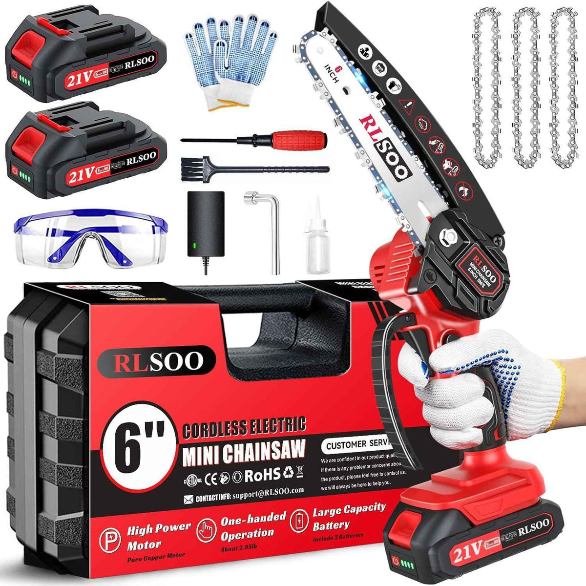 Mini Chainsaw Cordless, 6 Inch Handheld Chain Saw Battery Powered with 2 Rechargeable Batteries and 3 Chains, Portable Small Electric Tree Trimmer for Wood Cutting, Pruning, Courtyard and Household