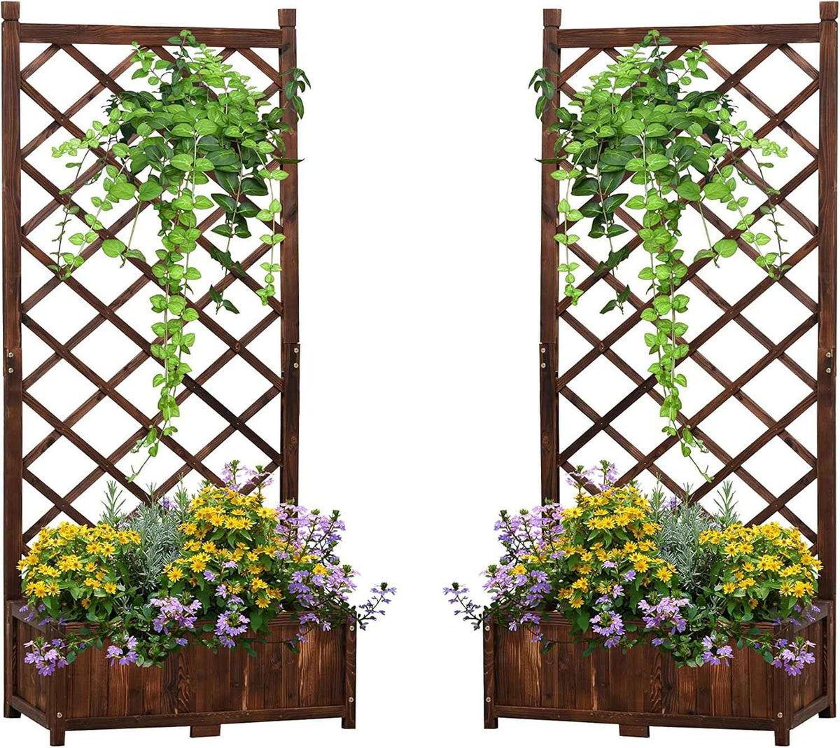Anraja Raised Garden Bed Planter with Trellis Outdoor Wood Box 67in Set of 2 Flower Standing Planter Box Privacy Lattice Panels with Legs for Patio Porch w/Drainage Holes 29.5" L x 17.0" W x 67.0" H