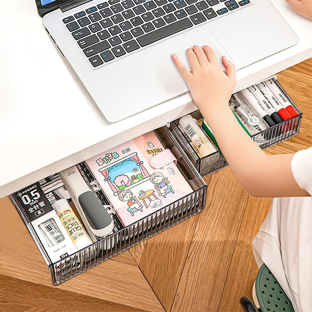 2Pcs Under Desk Storage Drawers Slide Out,Large&Medium, Stick On Desk Drawer Organizer Hidden Under Table Drawer for Home Office School Organization and Storage-Transparent Black - Field & Nook