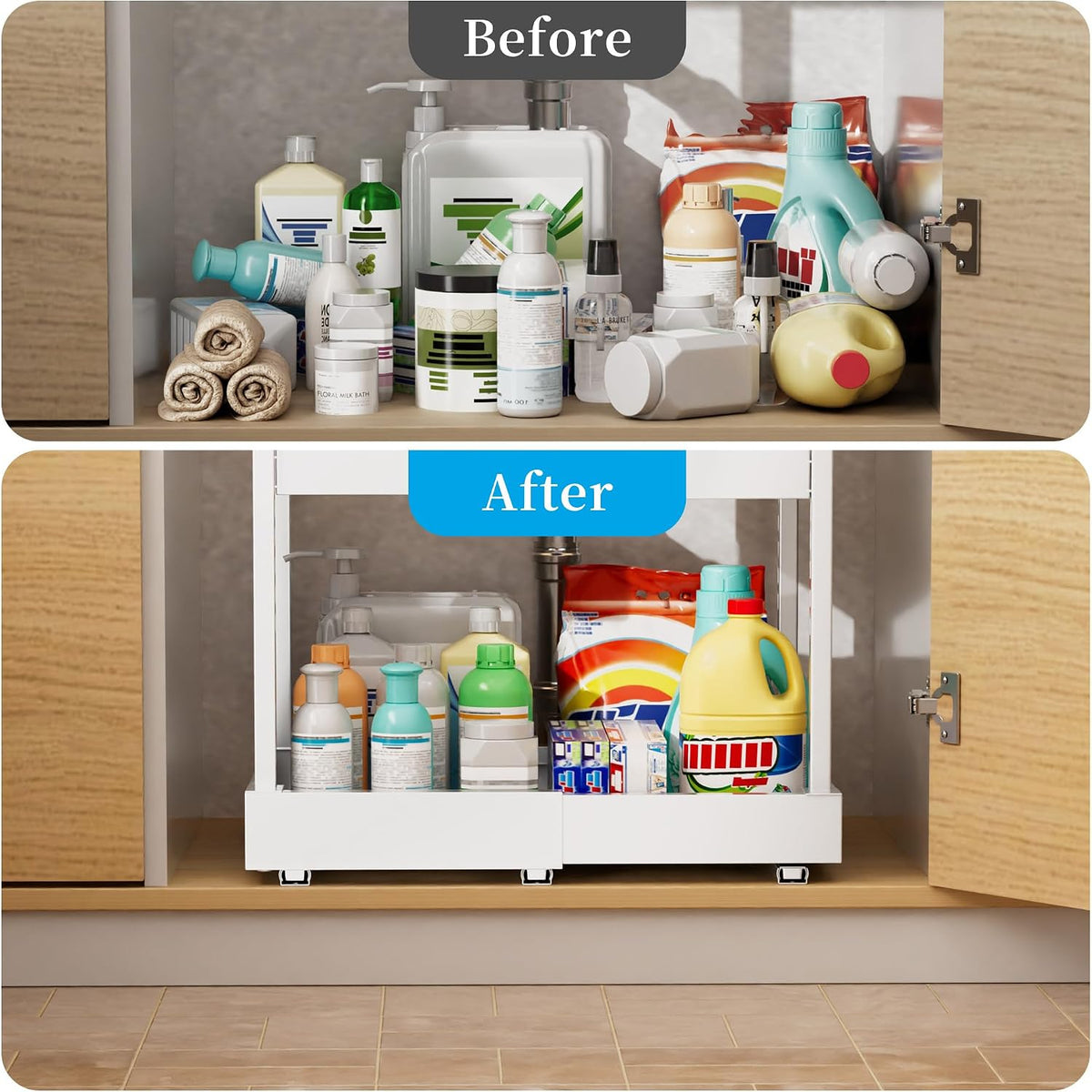 NEWMATIC Adjustable Under Sink Organizer Pull Out Drawers, 2-Tier Slide Out Cabinet Storage Shelf for Kitchen Sink, Height & Width Extendable White, 15''D x 13''-20.5''W x 15''H(1Pack) - Field & Nook