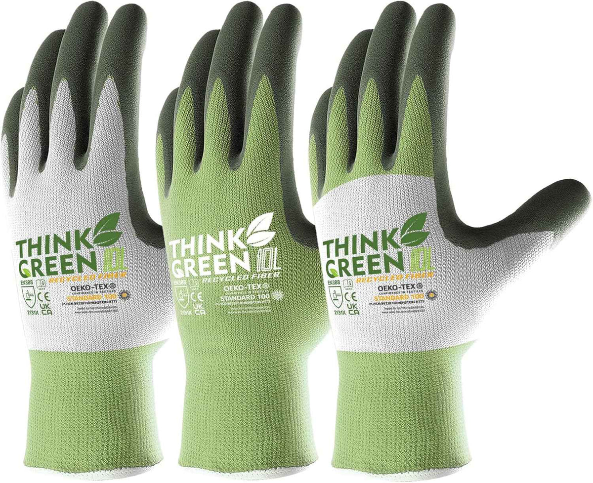 COOLJOB 3 Pairs Gardening Gloves for Women Men, 100% Recycled Polyester with Rubber Coated for Garden Patio Yard Lawn Work, Green, White & Grey, Small Size