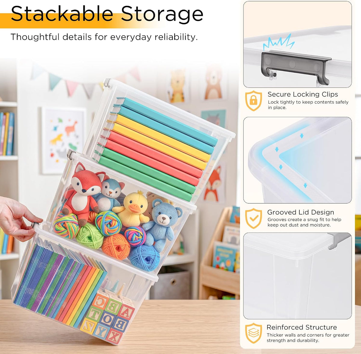 Citylife 6Packs 7.8Qt Plastic Storage Bins with Lids, Clear Organizer | Stackable totes Containers for Craft Supplies, Documents,Garage,Toys,Office and Classroom - Field & Nook