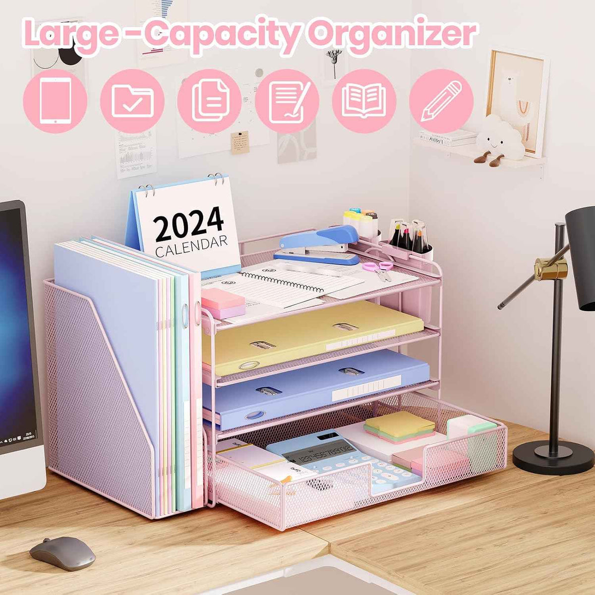 Desk Organizer, 4-Tier Desktop File Organizer with Drawer and Pen Holders, Office Desk Accessories, File Sorters, Workspace Organizers for Office Supplies(Pink)