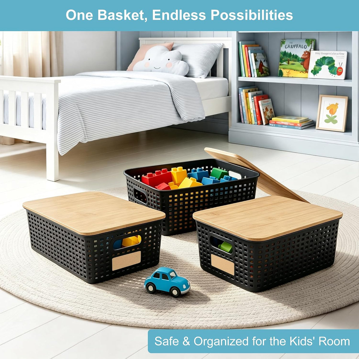 Small Plastic Storage Bins with Bamboo Lids 5.2qt Stackable Box Basket Pantry Decorative Containers Cute with Lable for Organizing Desktop Closet Office Black of 6 packs 10 * 7.2 * 4.1" - Field & Nook