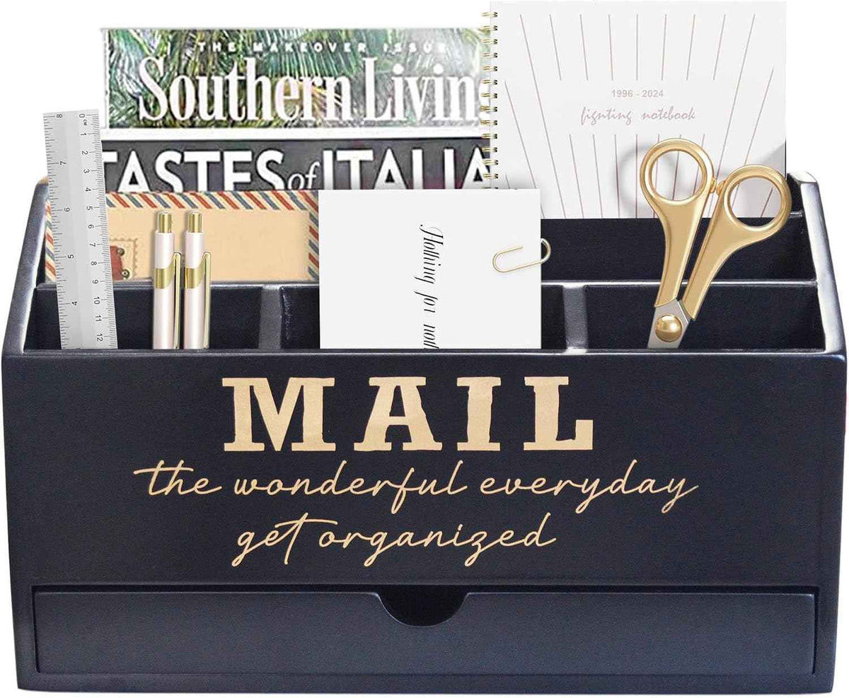 EXQUIDECA Wooden Black Rustic Countertop Mail Storage Holder with Drawer and Compartments - Office Desk Accessories and Workspace Organizers - Desktop Sorter for Pen Stationery Letter Files Documents