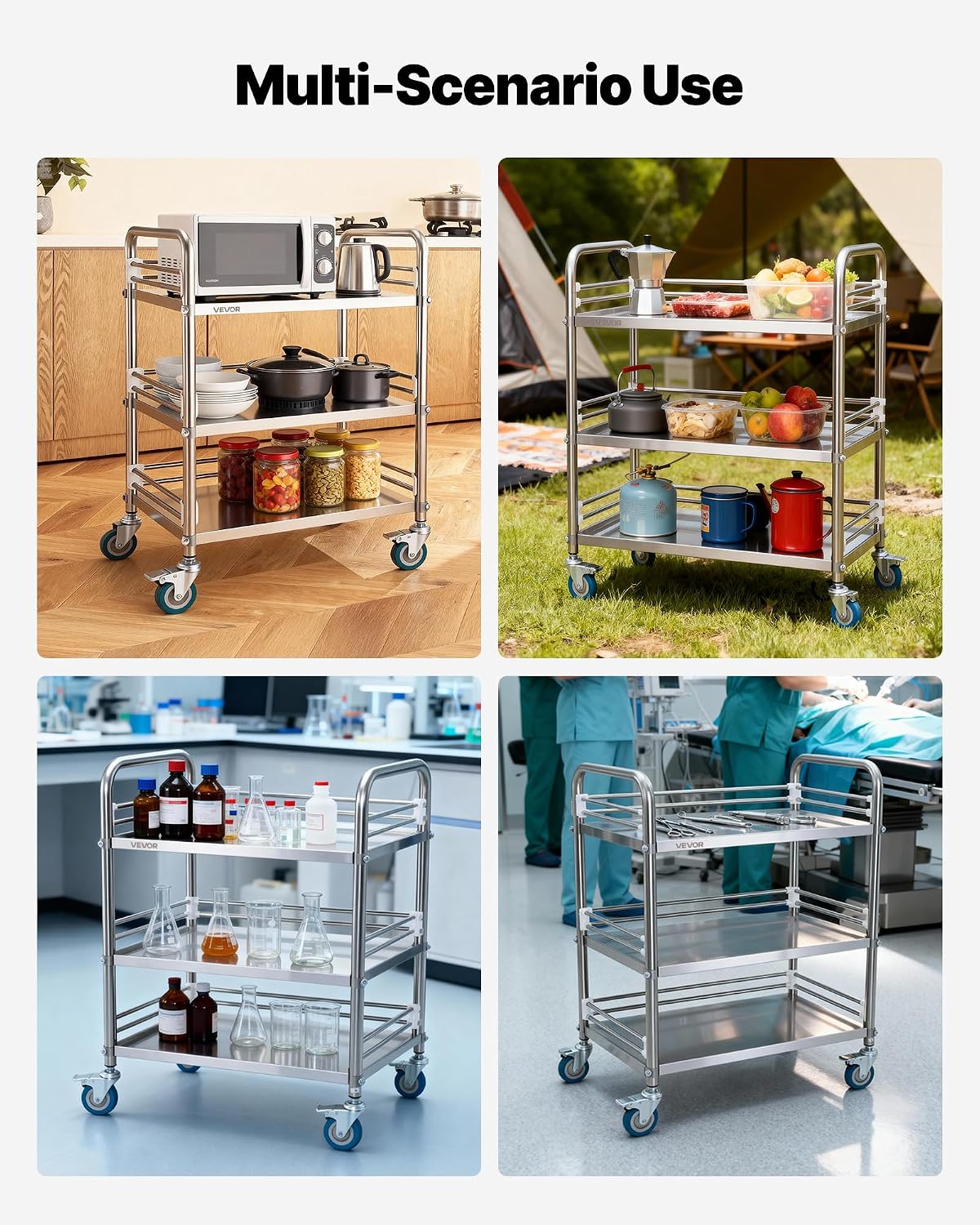 VEVOR Stainless Steel Rolling Cart, 3-Tier Metal Utility Cart with Lockable Wheels, Medical Serving Trolley Clinic Tray, Mobile Service Cart for Hospital, Lab, Restaurant, Kitchen, Salon - Field & Nook