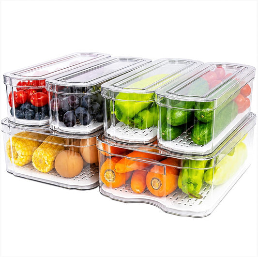 SMRCAD 6 Pack Clear Fridge Organizer Bins with Drain Trays - Stackable | BPA-Free PET, 6 Pack: 6 lidded Bins (Not drawer), Helps Keep Produce Fresh, 14L Capacity, Hand Wash Only - Field & Nook