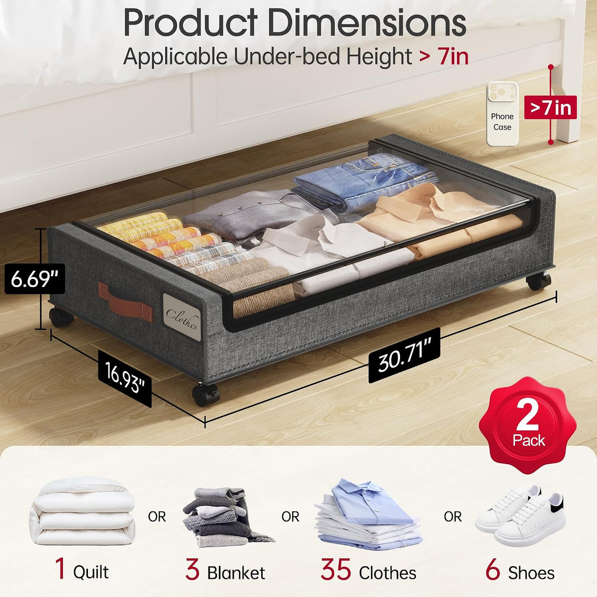 Yecaye Under Bed Storage with Wheels, 2Pack Under Bed Storage Containers, Underbed Shoe Storage Organizer, Rolling Under Bed Metal Drawers for Clothes, Blankets(30.71 x 16.93 x 6.69 in) - Field & Nook