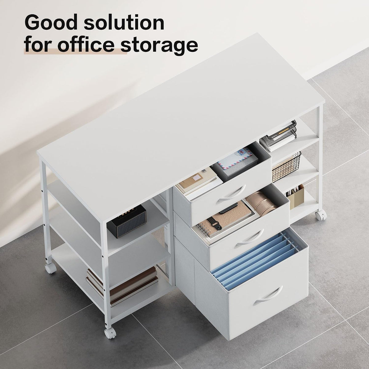 YeTom Mobile File Cabinet,Lateral Filing Cabinet with 3 Fabric Drawers,Rolling Printer Stand with 4 Open Storage Shelf for Home Office, White - Field & Nook