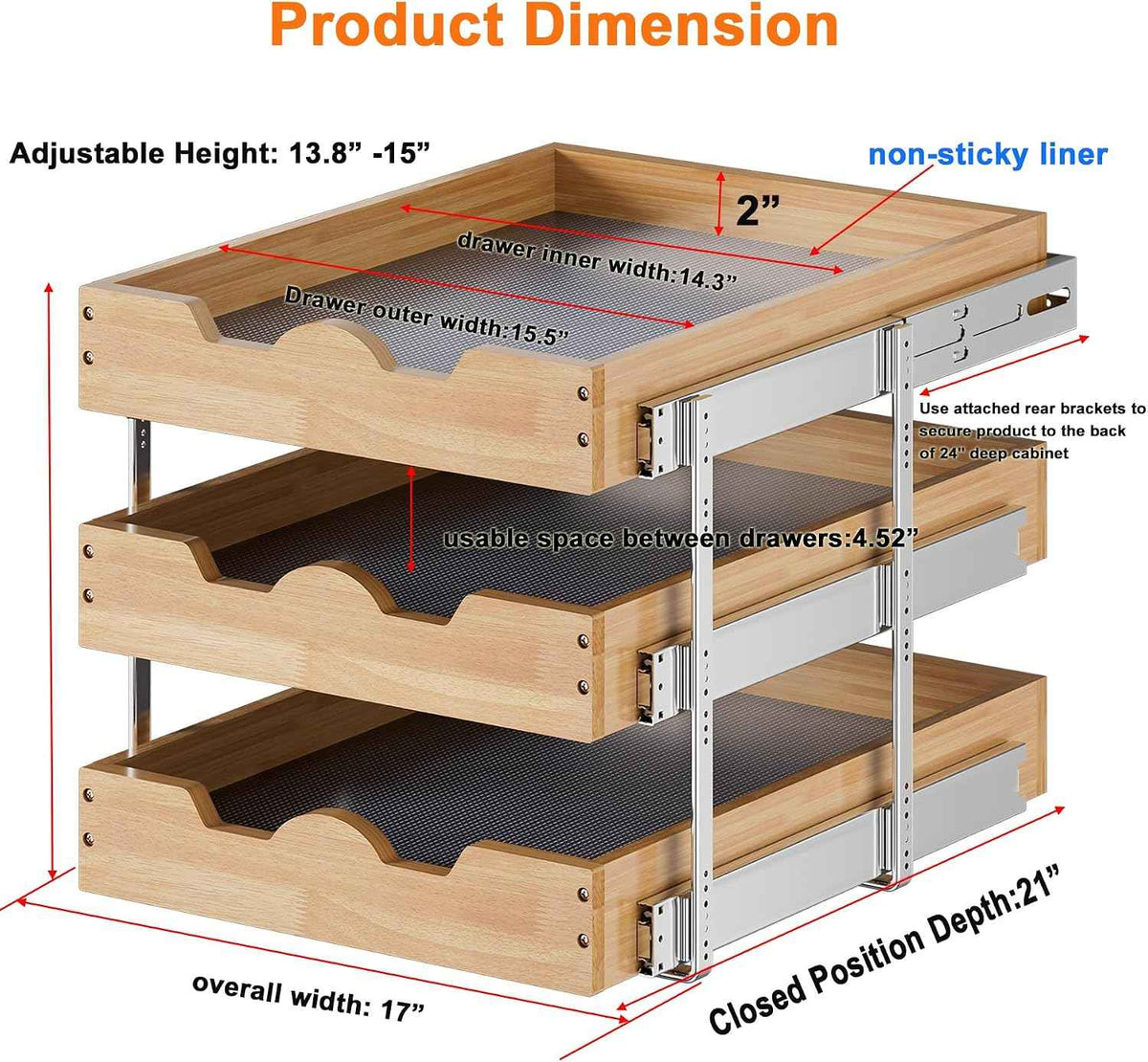 DINDON 3 Tier Pull Out Cabinet Organizer 17”W X21”D Slide Out Shelves