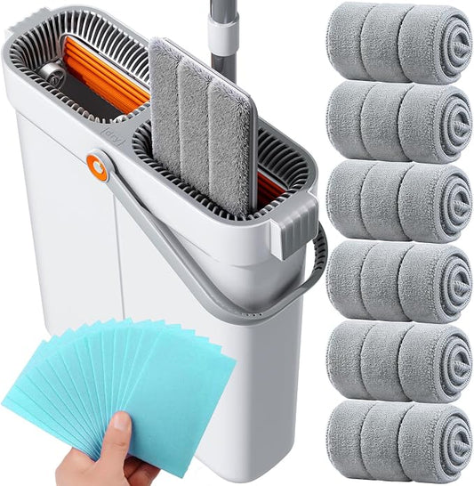 Flat Mop & Bucket Set with Wringer – 6 Reusable Pads - Field & Nook