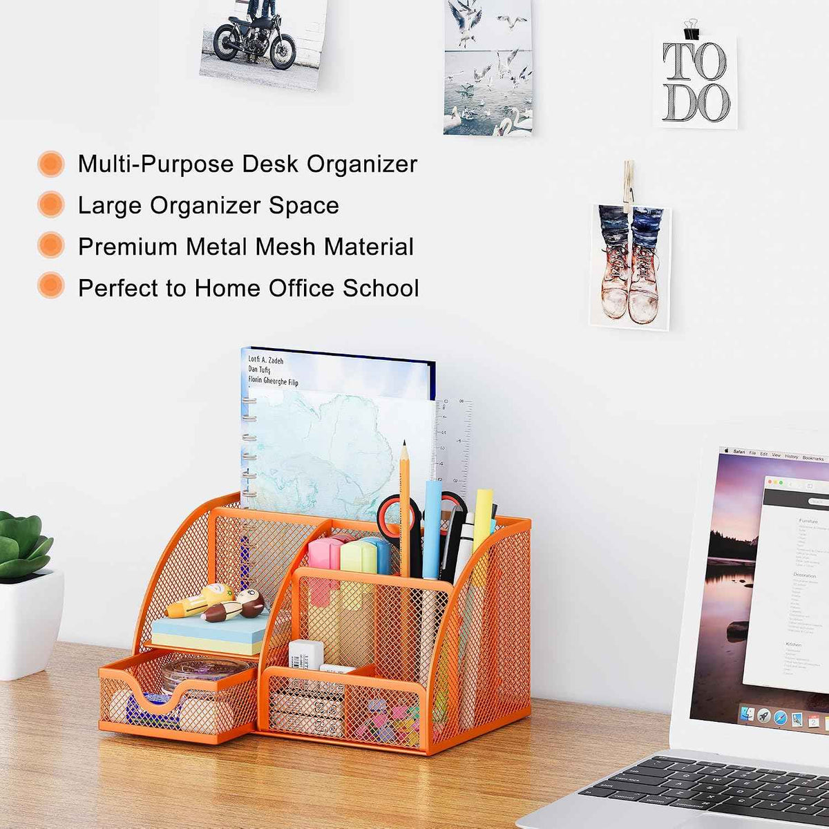 EasyPAG Mesh Desk Organizer with Drawer Multi-functional Pen Holder Stationery Organizer for Office School Supplies 6 Compartments Dorm Organizers and Storage for Desk, Orange