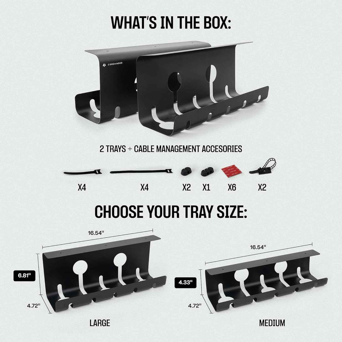 2-Pack Under-Desk Cable Management Trays – No-Drill Adhesive Carbon-Steel Cord Organizers