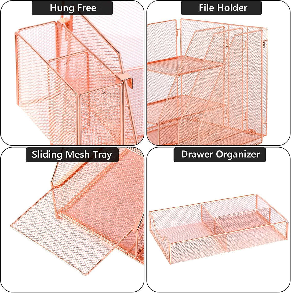 Topwey Rose Gold Desk Accessories, Office Supplies Desk Organizer Caddy with Sliding Drawer, Double Tray, File Organizer and pen holder for Home, Office School - Field & Nook