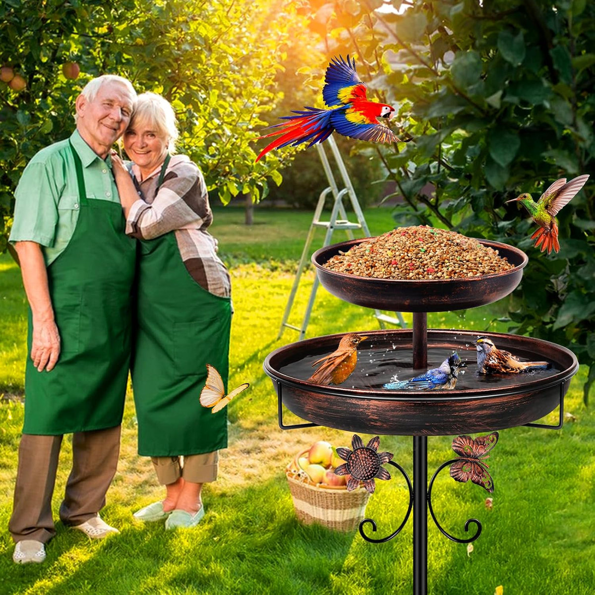Daoeny Bird Bath for Outside, 42In Vintage Freestanding Birdbaths for Outdoors, Double Metal Bird Bath Feeder Bowls for Garden Patio Yard Lawn Decor, Upgraded 5-Pronged Base (Antique Bronze)