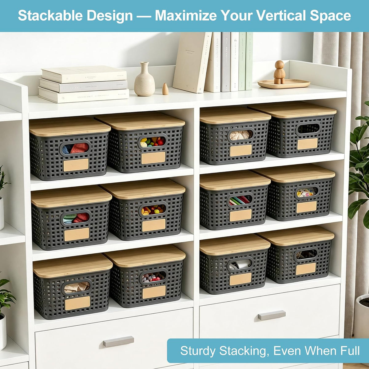 Small Plastic Storage Bins with Bamboo Lids 5.2qt Stackable Box Basket Pantry Decorative Containers Cute with Lable for Organizing Desktop Closet Office Gray of 6 packs 10 * 7.2 * 4.1" - Field & Nook