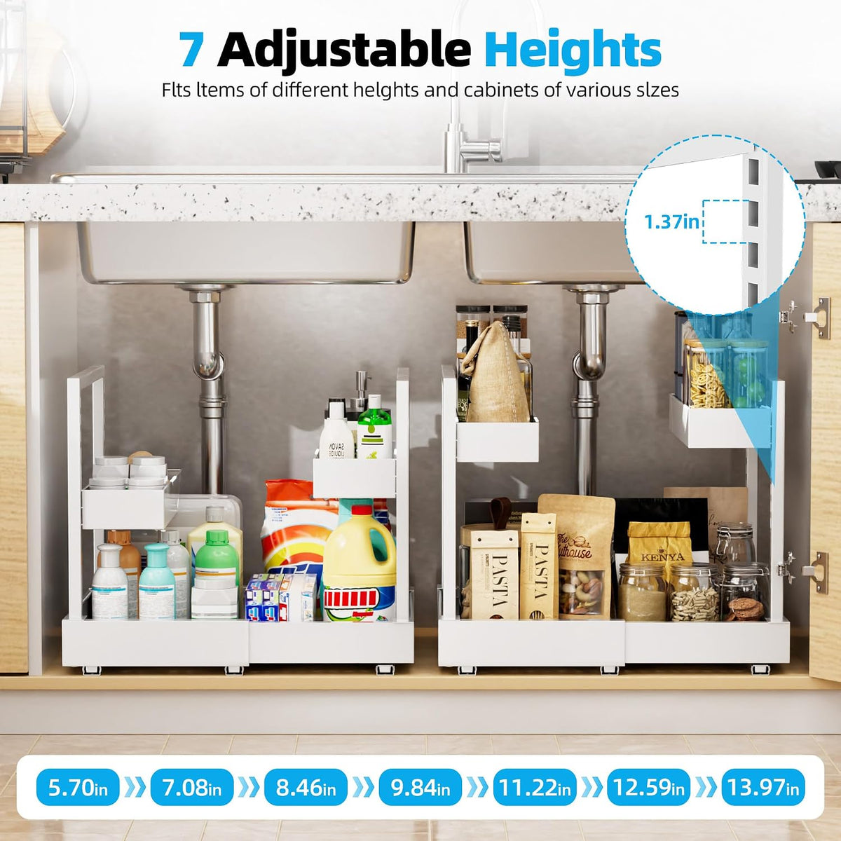 NEWMATIC Adjustable Under Sink Organizer Pull Out Drawers, 2-Tier Slide Out Cabinet Storage Shelf for Kitchen Sink, Height & Width Extendable White, 15''D x 13''-20.5''W x 15''H(1Pack) - Field & Nook