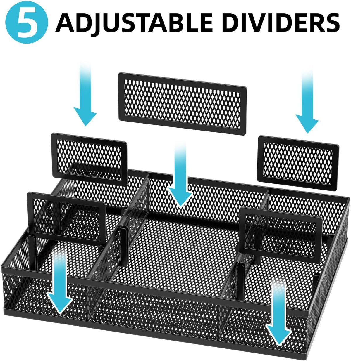 Marbrasse 2 Pack Desk Drawer Organizer, Mesh Drawer Organizer Tray with 8 Adjustable Compartments, Desk Organizers and Accessories, 5 Dividers Drawer for Office Supplies, Makeup & Vanity (Black) - Field & Nook