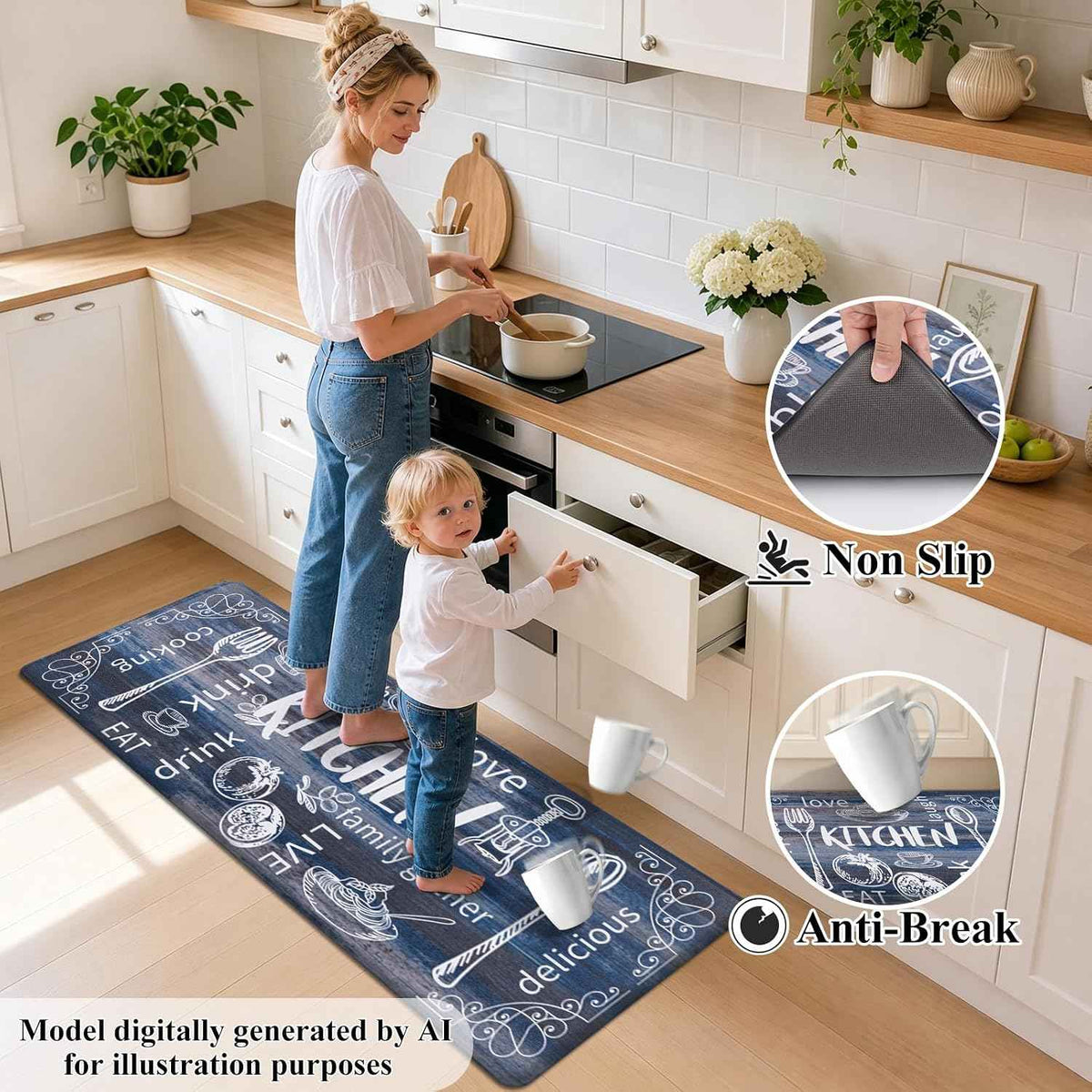 HEBE Anti Fatigue Kitchen Rugs Set of 2, Cushioned Kitchen Mats for Floor | Non Slip Farmhouse Kitchen Rug and Runner Set, Waterproof Comfort Kitchen Floor Mat Carpet for Sink, Standing Desk, Laundry