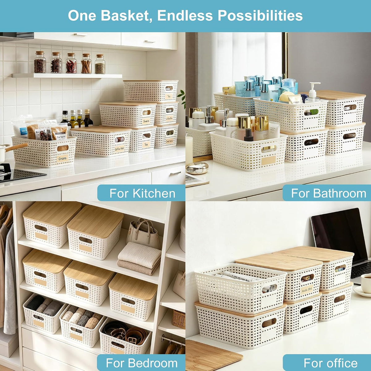 Small Plastic Storage Bins with Bamboo Lids 5.2qt Stackable Box Basket Pantry Decorative Containers Cute with Labels for Organizing Desktop Closet Office Cream White of 6 packs 10*7.2*4.1" - Field & Nook