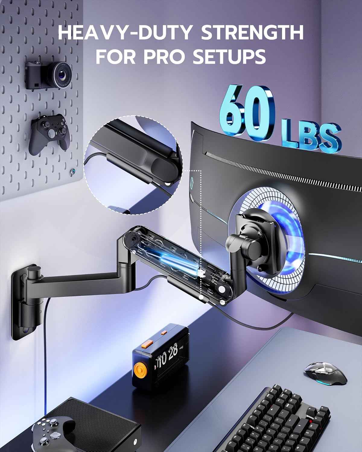 ARES WING Monitor Wall Mount for 24-57 Inch Ultrawide Screen, Black | Premium Heavy Duty Gaming Monitor Arm for 60 lbs, Full Motion Gas Spring, Bearing Head for Easy Adjustment, 75/100 VESA Mount