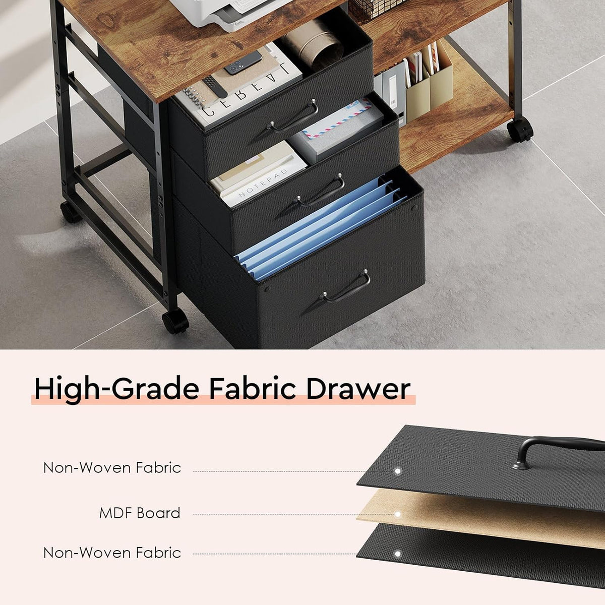 3 Drawer File Cabinet with Wheels Rolling Printer Stand with Open Storage Shelf Fabric Lateral Filing Cabinet for Home Office,Rustic Brown - Field & Nook
