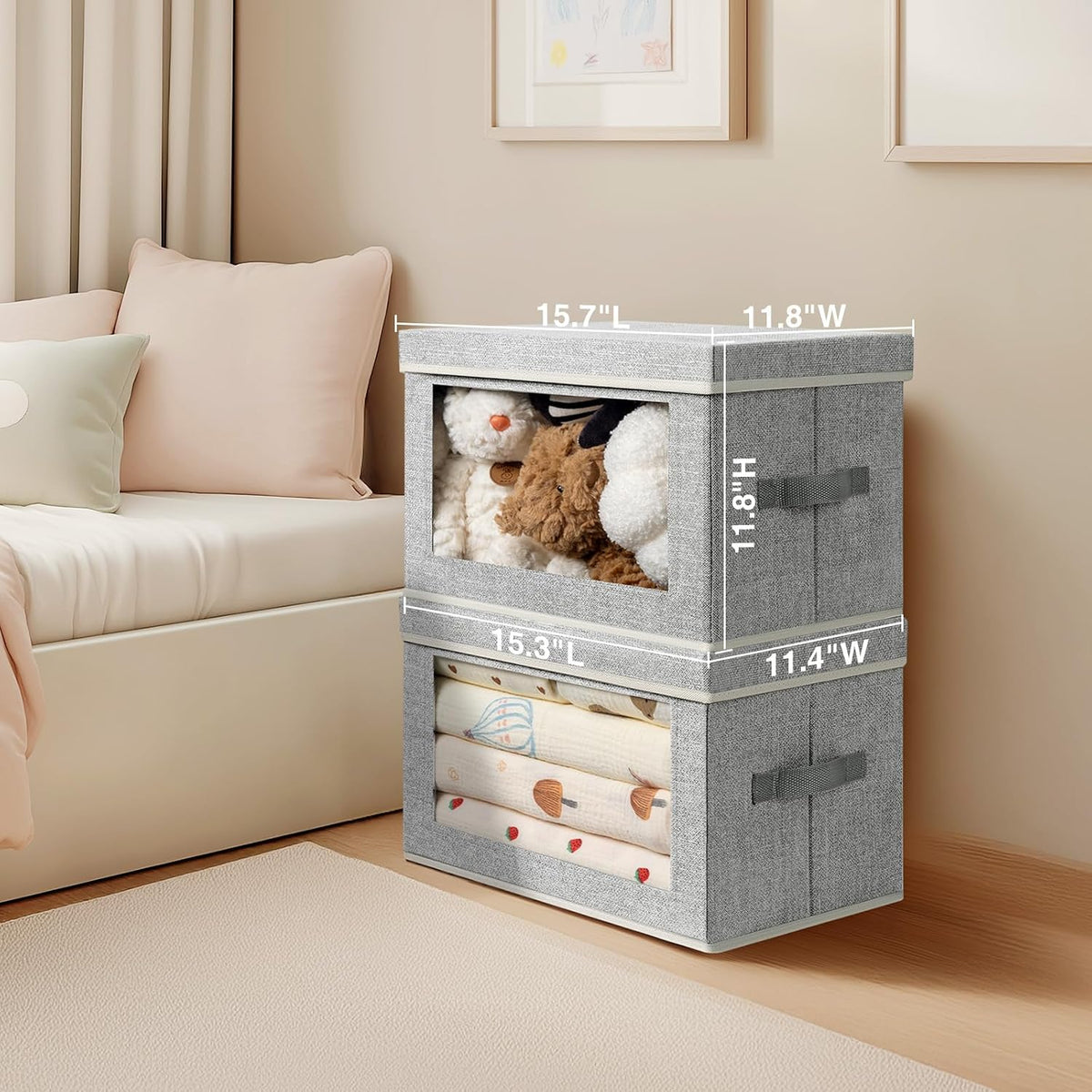 Large Storage Baskets Bins with Lids - Stackable Cube Bins for Closet, 3 Pack Windows Organizer Bins, Home Organizers and Storage for Clothes, CD, Towels, Light Grey - Field & Nook