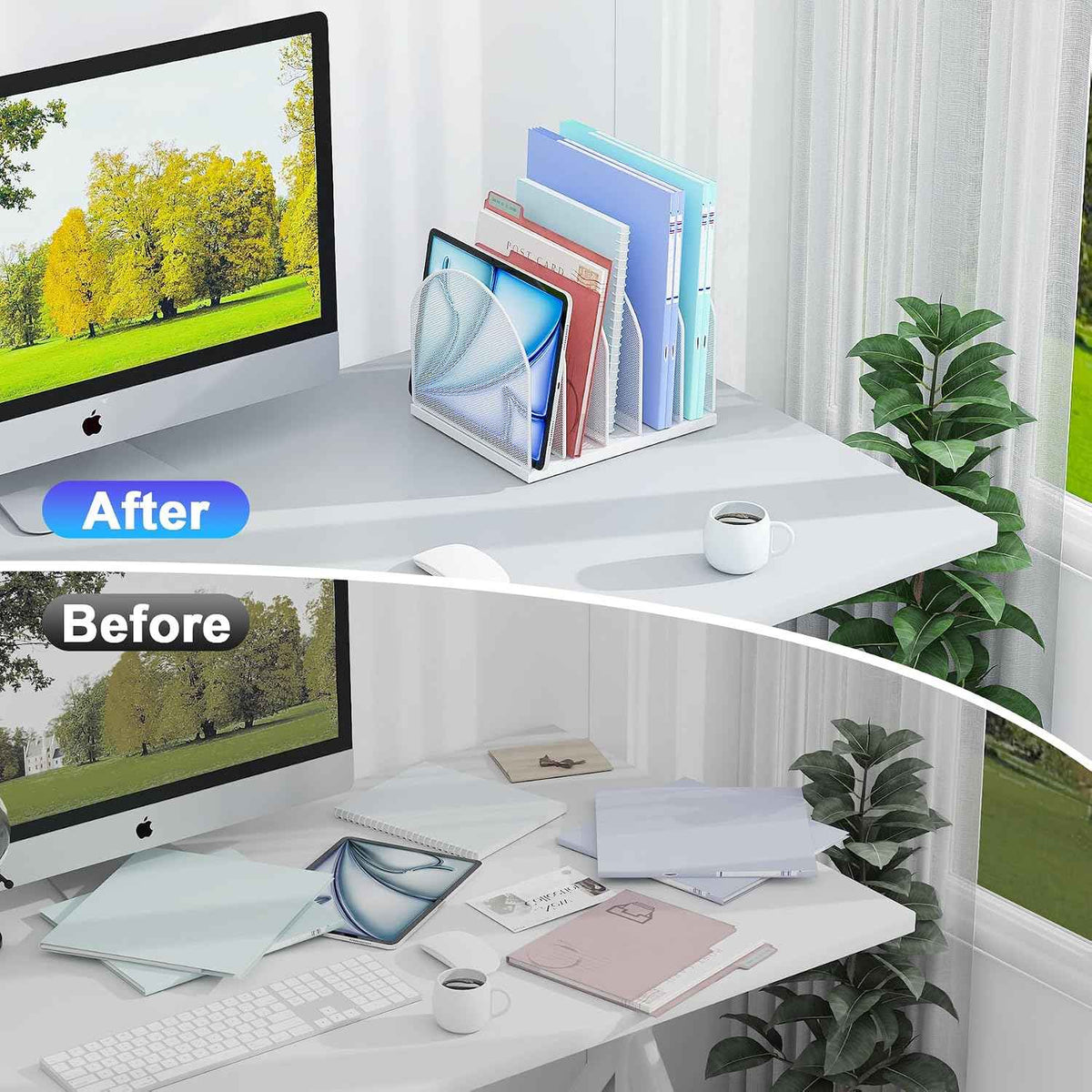 gianotter Desktop File Organizer with 5 Compartments | Desk Organizer Paper Organizer for Desk Workspace Organizers for Office Supplies (White, Upright Style)