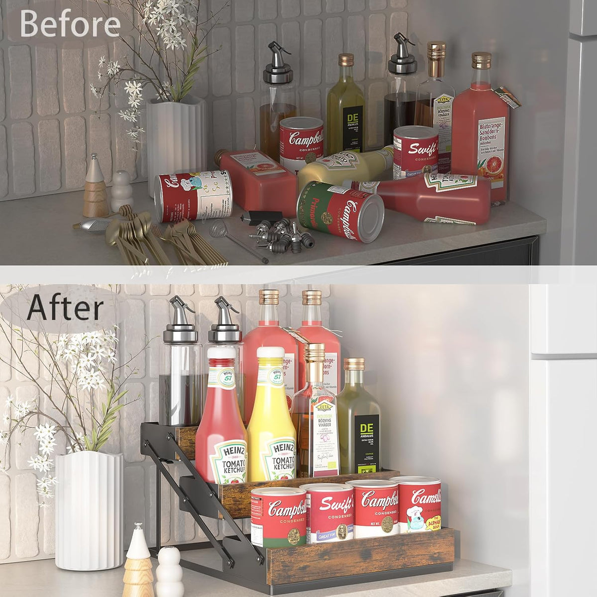 3 Tier Spice Rack Organizer for Cabinet, Foldable Spice Rack for Countertop, Cabinet Drawers Rustic Wooden Seasoning Spice storage for Kitchen Station, Pantry, Home - 1PC - Field & Nook