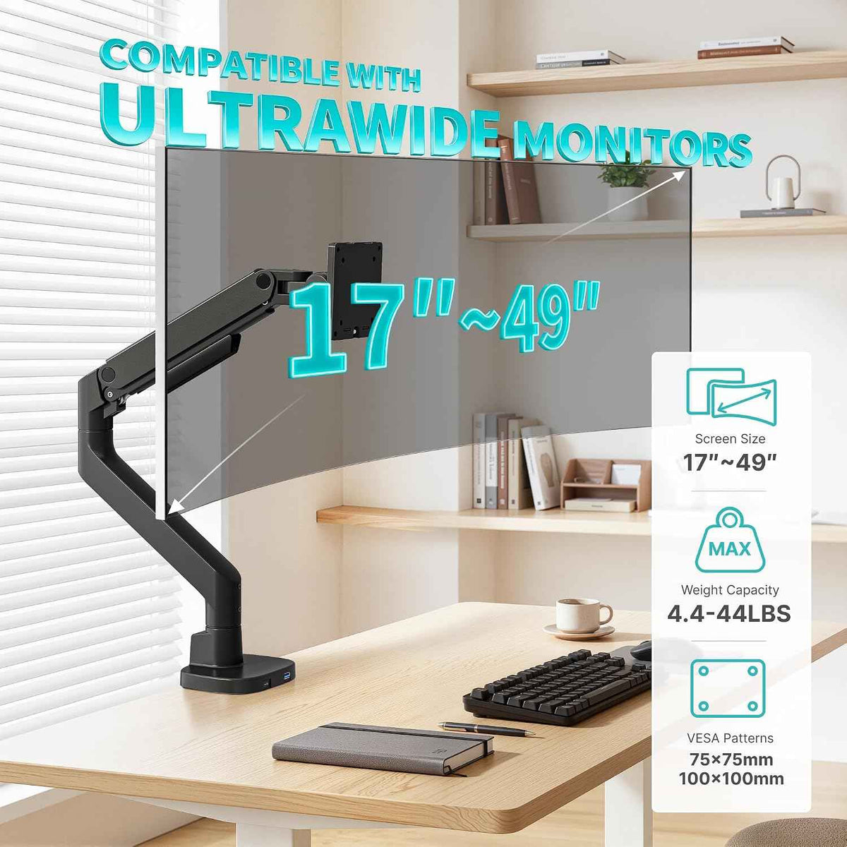 Pegzone Heavy Duty Single Monitor Arm, Gas Spring Monitor Mount for 17-49 Inch Ultrawide Screens with USB, Computer Monitor Stand for Desk with C-Clamp/Grommet Base up to 44 lbs, VESA 75/100mm, Black