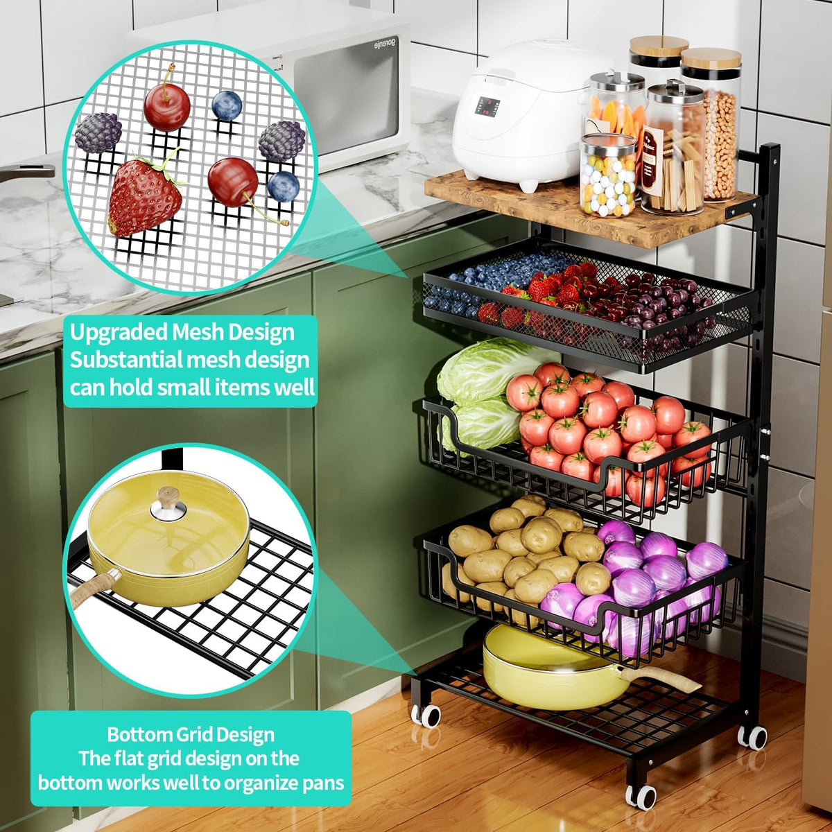 HapiRm Fruit Basket Kitchen Cart - Floor 5 Tier Adjustable Fruit and Vegetable Storage Rack, Large Capacity Rolling Kitchen Carts on Wheels for Pantry Snack Potato and Onion Storage - Field & Nook