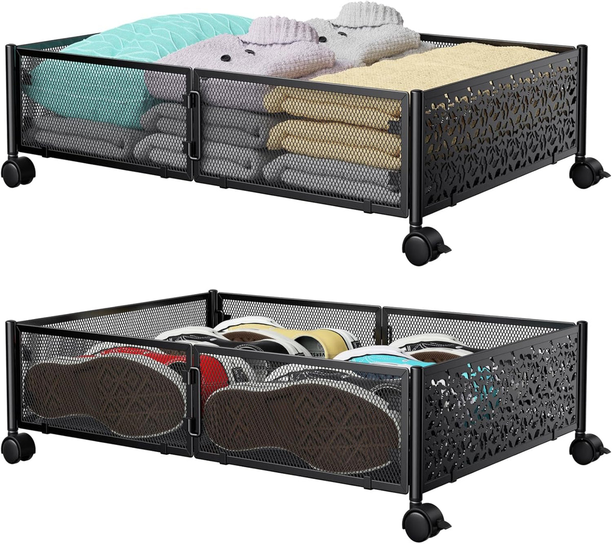 Under Bed Stroage Container with wheels,Patterned,Metal,2 Pack,Black | Tool-free assembly, glide smoothly, easy reach, foldable, maxmazie low-profile beds, dorm, keep seasonal clothes, shoes fresh - Field & Nook