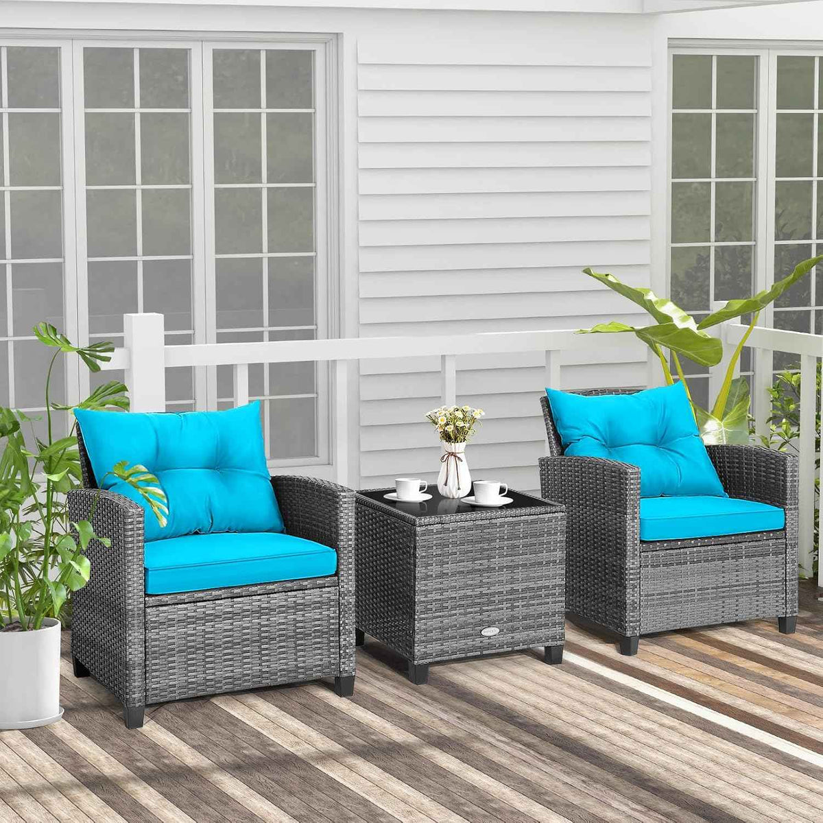 Tangkula 3 Pieces Patio Furniture Set, Outdoor PE Rattan Conversation