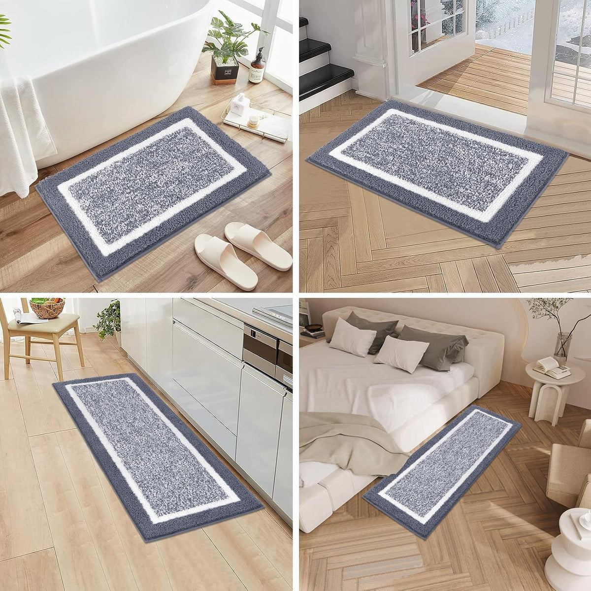 Bathroom Rugs 3-Piece Set | Non-Slip, Washable, Soft Microfiber Bath Mats – Dark Grey