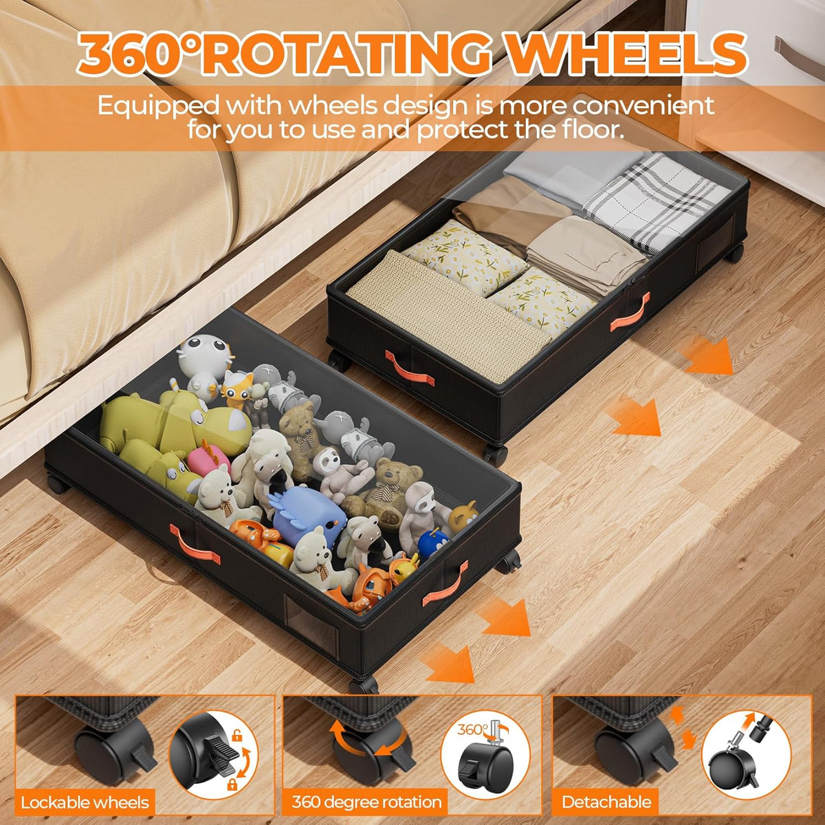 Under Bed Storage with Wheels,2-Pack Under Bed Storage Containers with Clear Lids,XXL Large Under the Bed Storage Organizer Bins With Handles,Space Saving Design for Clothes,Shoes,Books-Black - Field & Nook
