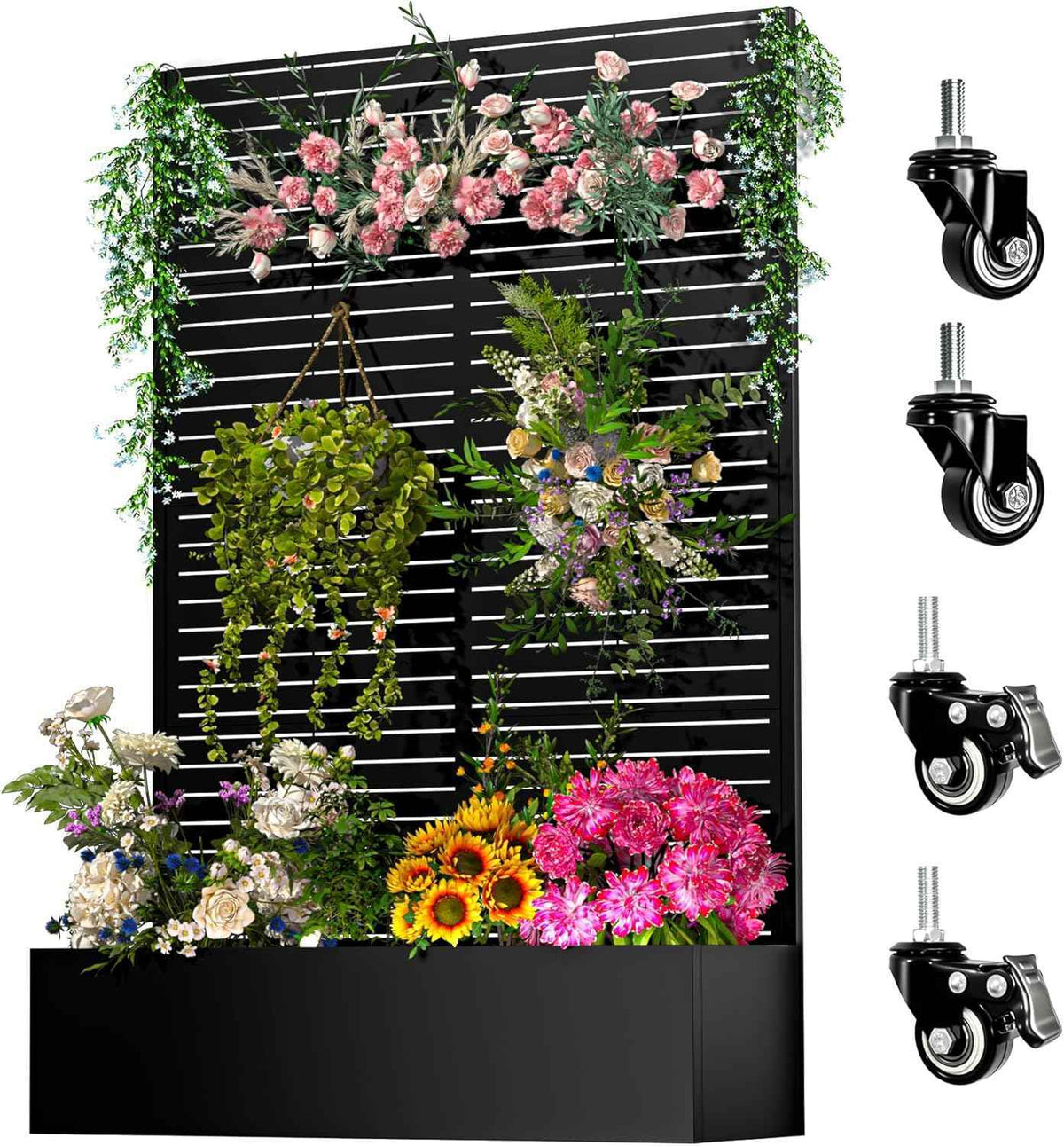 Metal Planter Box with Trellis,72"x47"x16"Galvanized Steel Outdoor Raised Garden Bed with Privacy Screen,with Drainage Holes & Lockable Casters for Climbing Plants,Vegetables,and Vines(Black-BYC)