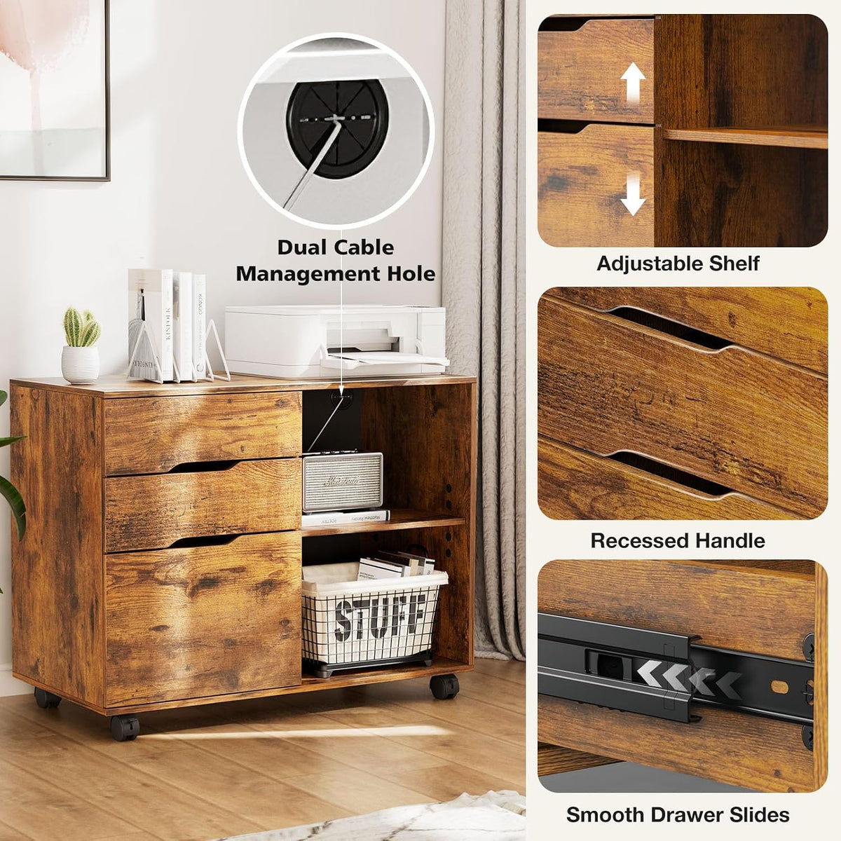 DUMOS File Cabinet with 3 Drawers, Wood Under Desk Storage Printer Stand | Rolling Lateral Filing Cabinet with Adjustable Shelves for Home Office Study Organization,Rustic - Field & Nook
