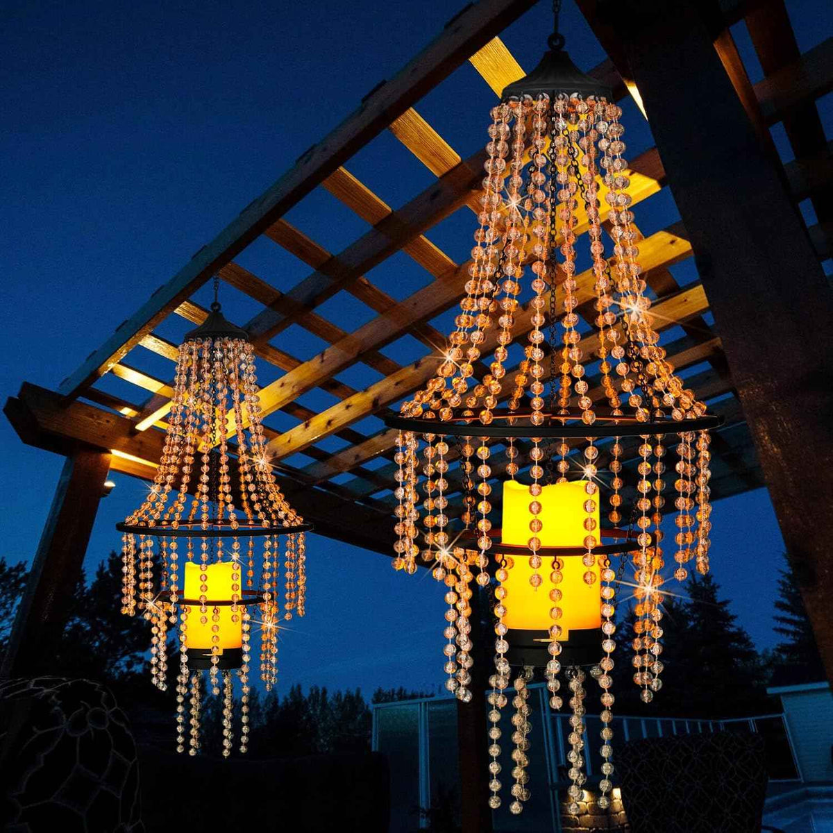 Battery Operated Hanging Chandelier Outdoor Indoor, 28” Modern Acrylic Crystal Hanging Beaded Lantern with Led Candle Light, Pendant Lights Decor for a Gazebo, Garden, Backyard, Patio, Balcony, Porch