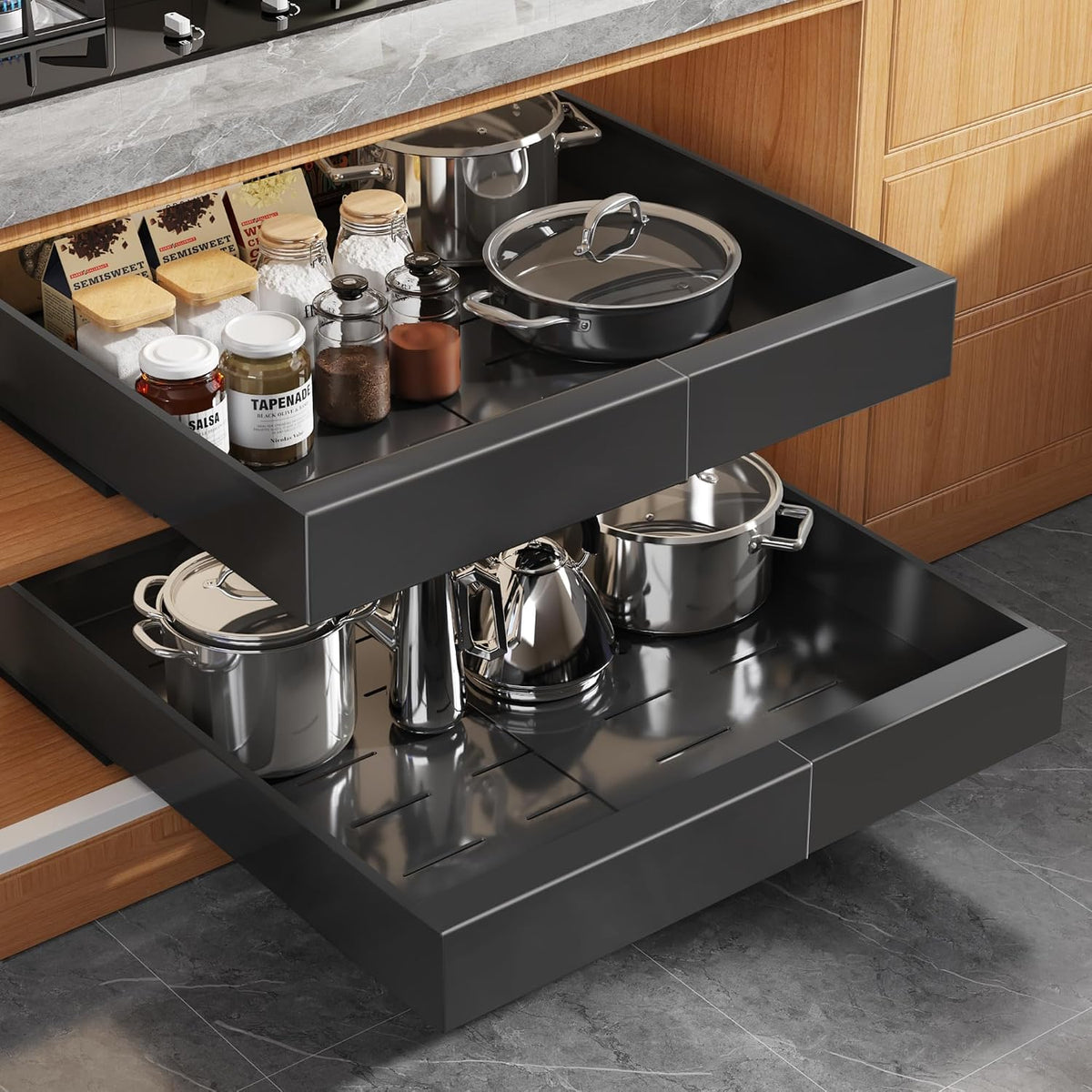Seinloes 2Pack Expandable Pull Out Cabinet Organizer 21"Deep with Raising Pad for Framed Cabinets, Upgrade 3 Slide Rails Slide Out Drawers, Roll Out Shelves Adhesive,Adjustable Width 12.05"-20.4"Black - Field & Nook