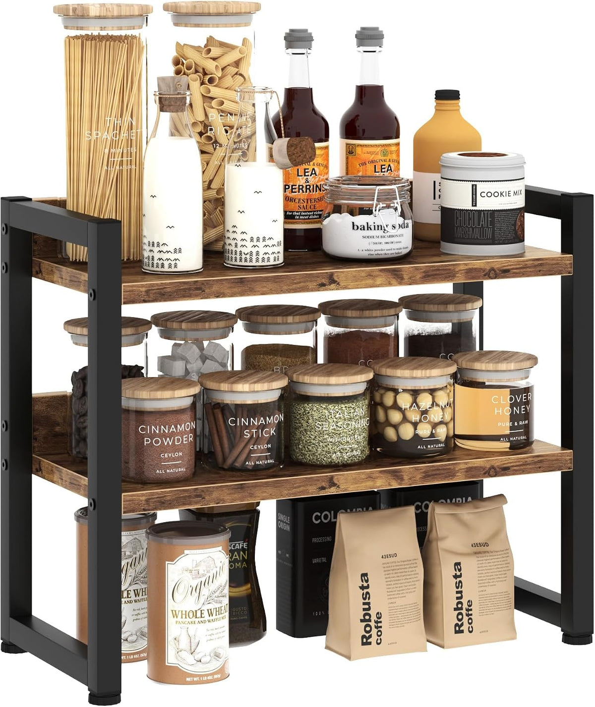 Kitchen Countertop Organizer Shelf, 3 Tier Spice Rack Wood Coffee Counter Shelf Kitchen Cabinet Organizer with Metal Leg for Countertop, Pantry, Bathroom Countertop Organizer, Rustic Brown - Field & Nook
