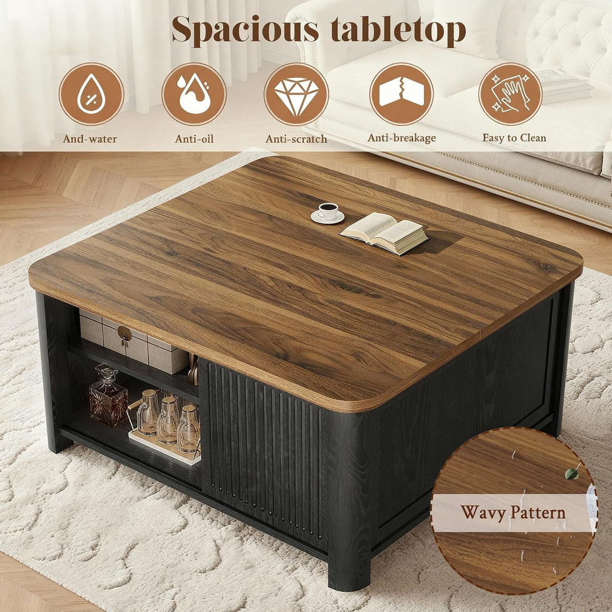 Decofy Lift Top Coffee Table with Storage and Shelves