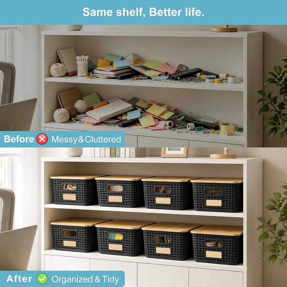 Small Plastic Storage Bins with Bamboo Lids 5.2qt Stackable Box Basket Pantry Decorative Containers Cute with Lable for Organizing Desktop Closet Office Black of 6 packs 10 * 7.2 * 4.1" - Field & Nook