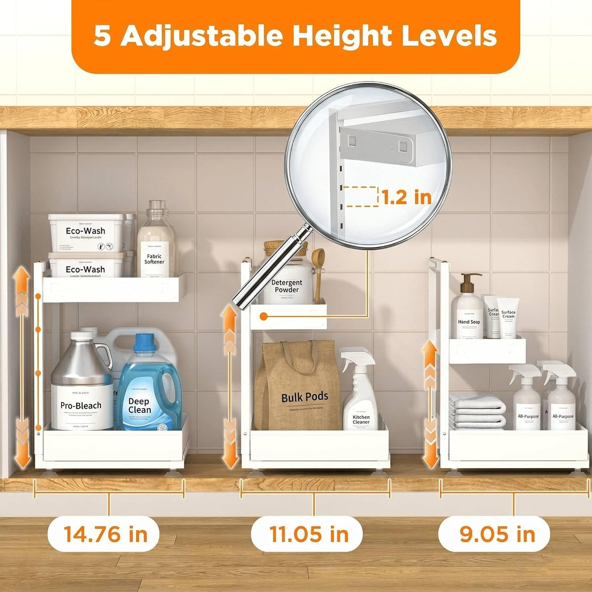 TATAANTY Under Sink Organizer, L-Shaped Metal 2-Tier Double Pull-Out Drawer for Kitchen & Bathroom Cabinets, Adjustable Height Storage - 50lbs Heavy Duty Waterproof 2PCS Height Adjustable - Field & Nook