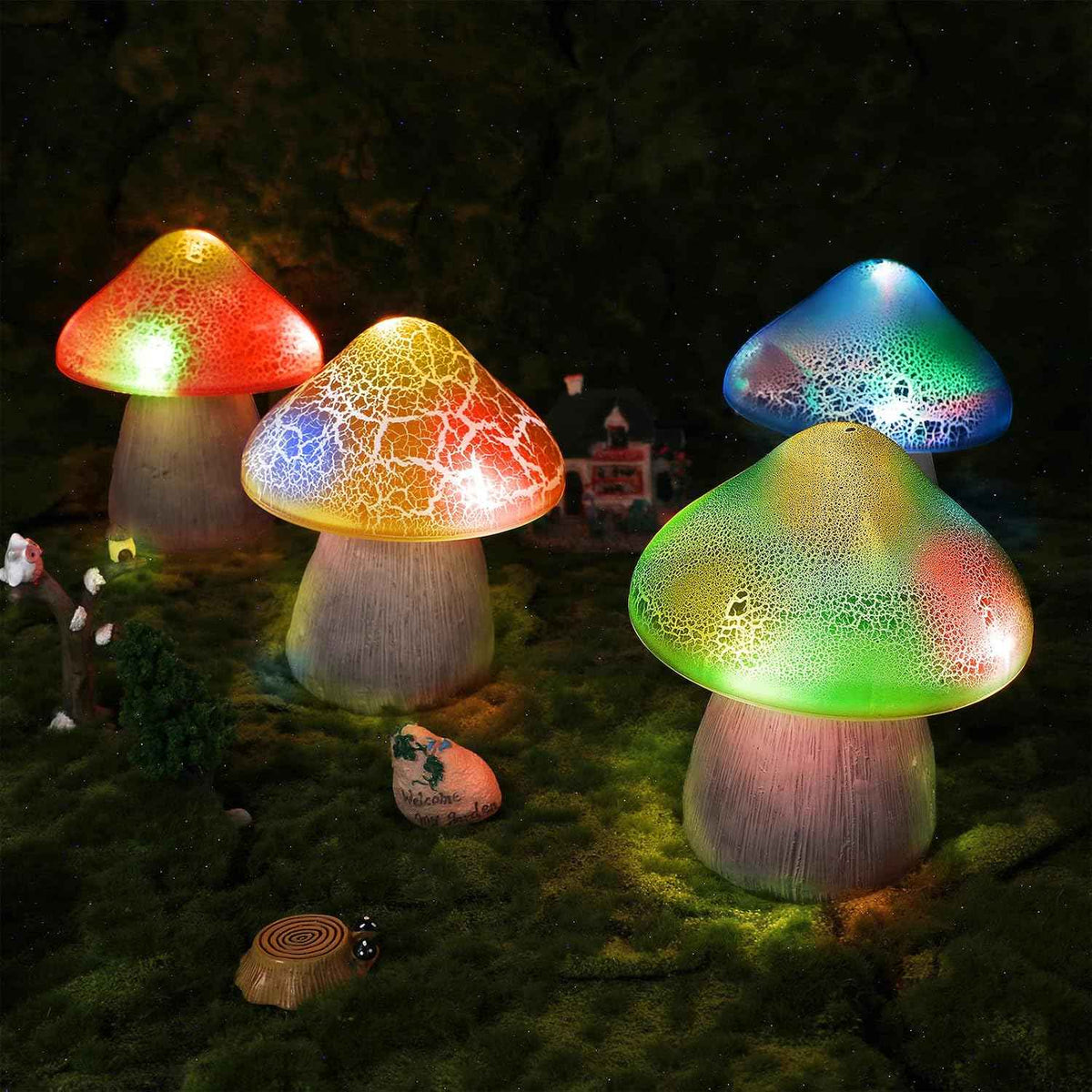 4 Pcs Solar Mushroom Light Outdoor Crack Solar Garden Decor Light 4.7x5.7 Inch Summer Stake Lamp Waterproof Mushroom Pathway Landscape Lamp Garden Gnomes Backyard Flower Bed Yard Lawn Pathway